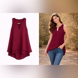 LuLus Burgundy Sleeveless High-Low Blouse w/ Gold Bar Detail | Size S